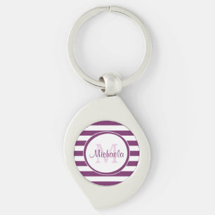 Fat Purple and White Stripes With Preppy Name Key Ring
