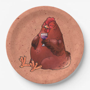 Fat Red Hen with Wine Paper Plate