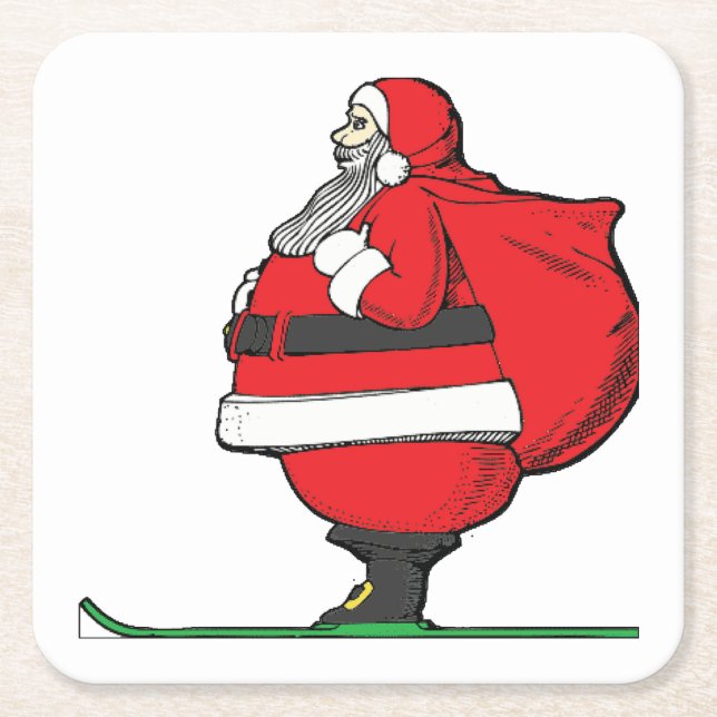 Fat Skiing Santa Claus Christmas Square Paper Coaster (Front)