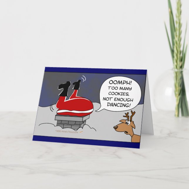 Fat Stuck Santa Funny Christmas Dancing Cartoon Holiday Card (Front)
