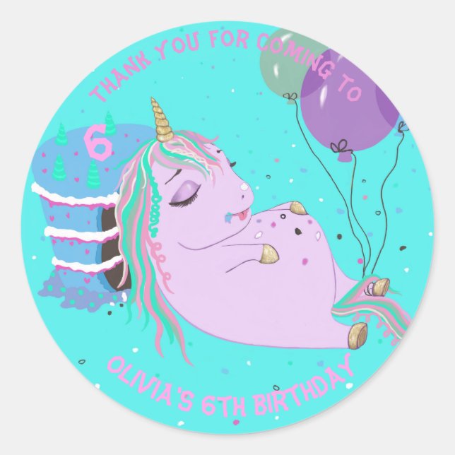Fat Unicorn Cake Personalised Cute Classic Round Sticker (Front)