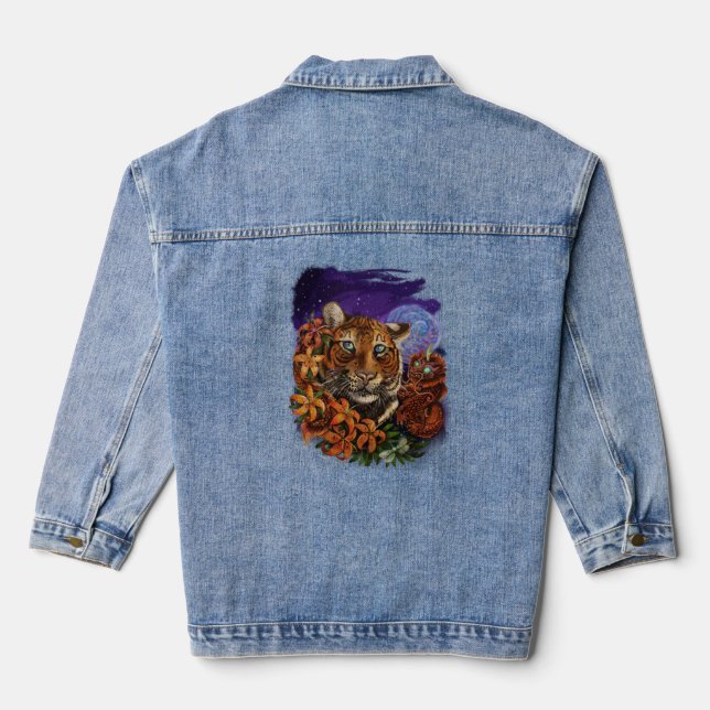 Fate in the Stars Tiger with Tiger  Lilies Denim Jacket (Back)