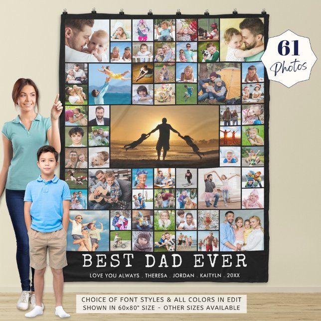 Father 61 Photo Collage Custom Title and Colour Fl Fleece Blanket (Creator Uploaded)