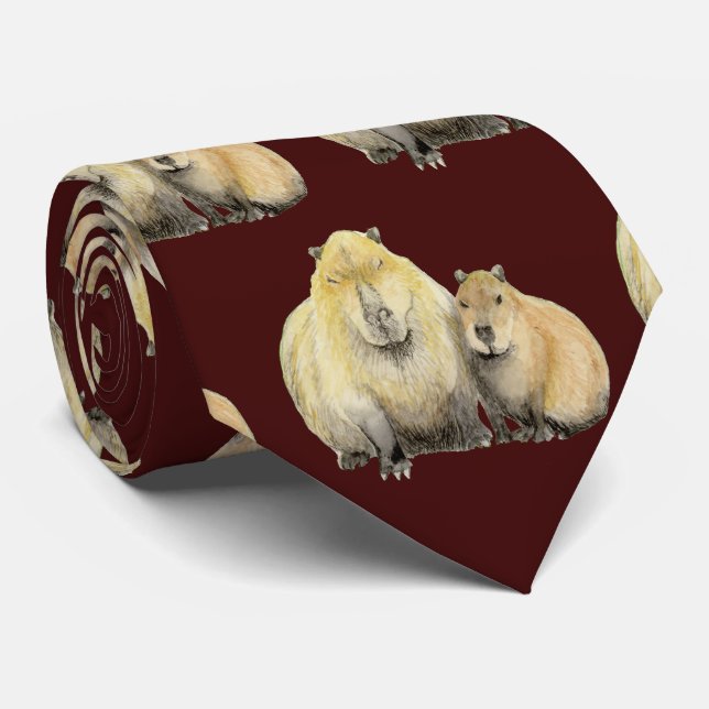 Father and Baby Capybara Neck Tie (Rolled)