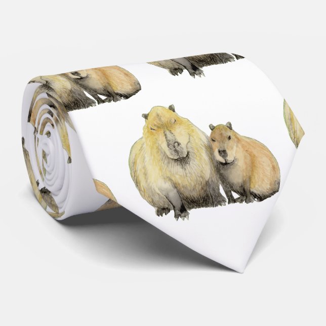 Father and Baby Capybara Neck Tie (Rolled)
