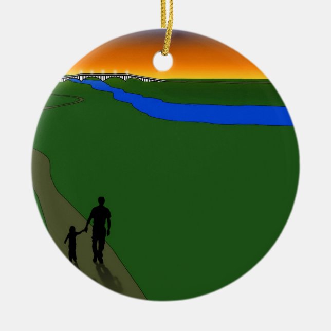Father And Child Evening Walk Ceramic Tree Decoration (Front)