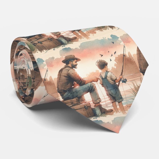 Father and Son Fishing Watercolor Design Tie (Rolled)