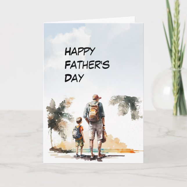 Father and Son hiking a beach Father's Day Card (Front)