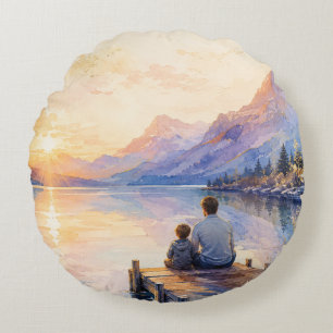 Father and Son Lake Watercolor Art Print Round Cushion