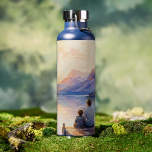 Father and Son Lake Watercolor Art Print Water Bottle
