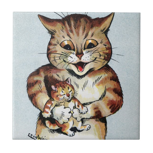 Father Cat Holding a Kitten, Louis Wain Ceramic Tile (Front)