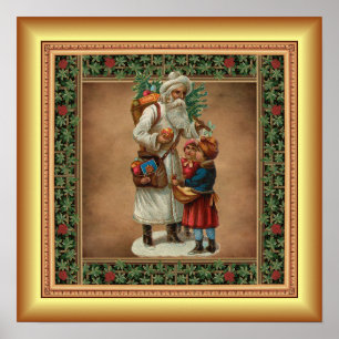  Father Christmas, Christmas Gifts, Gold Backgrond Poster