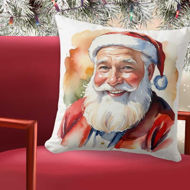 Father Christmas Santa Claus Face Portrait Custom Cushion (A pillow with picture of Santa in a watercolor style, 'Merry Christmas' greeting and custom text)