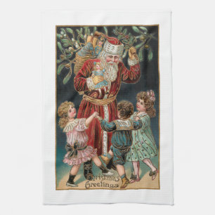 Father Christmas with Dancing Children & Mistletoe Tea Towel