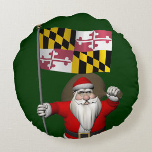 Father Christmas With Flag Of Maryland Round Cushion