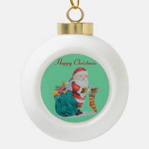 Father Christmas with toys and gifts in sack Ceramic Ball Christmas Ornament