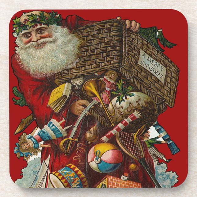 Father Christmas With Toys Set of Cork Coasters (Front)