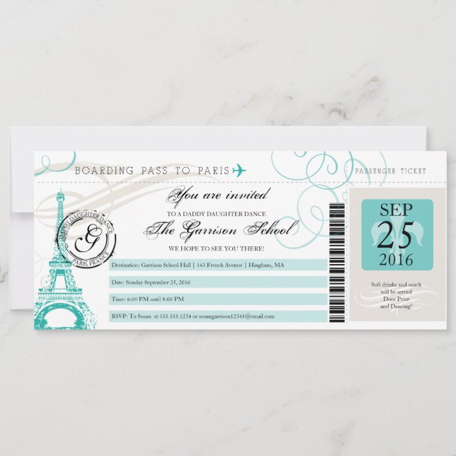 Father Daughter Dance Paris Boarding Pass Invitation (Front)