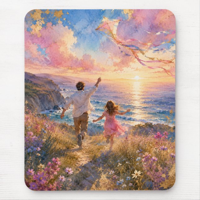 Father & Daughter Flying Kite by Ocean Cliffs Mouse Pad (Front)