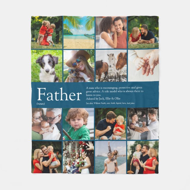 Father Definition Quote Photo Collage Blue Fleece Blanket (Front)