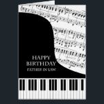 Father in Law Piano and Music Birthday<br><div class="desc">A birthday card for a father-in-law who is into piano music. A grand piano with the keys along the bottom of the card. A sheet of music fills the background. A great card for someone who loves music. This is NOT a musical card,  it does NOT play music:</div>