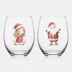 Father & Mother Christmas Happy Christmas text Stemless Wine Glass