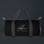 Father Of Bride Gift Modern Monogram Cool Black Duffle Bag<br><div class="desc">Bridal Party Gifts Father Of The Bride Gift Modern Monogram Elegant Script Personalised Initial And Name Cool Black Duffle Bag. Click personalise this template to customise it with the monogram initial, the name (Max. 11 letter name), and the date quickly and easily. Father Of Bride Gift Modern Monogram Cool Black...</div>