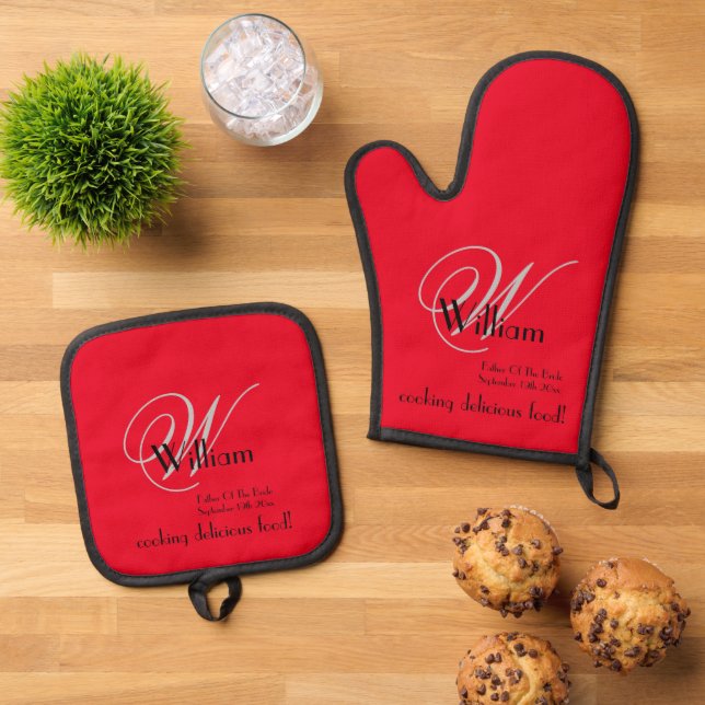 Father Of Bride Monogrammed Gift Simple Red Foodie Oven Mitt & Pot Holder Set (Top Down)