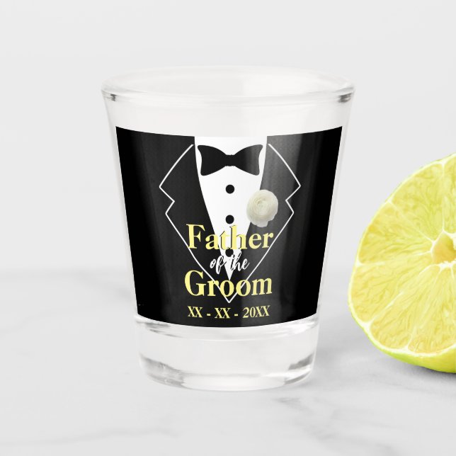 Father of the Groom Wedding Tuxedo Customisable Shot Glass (Front)