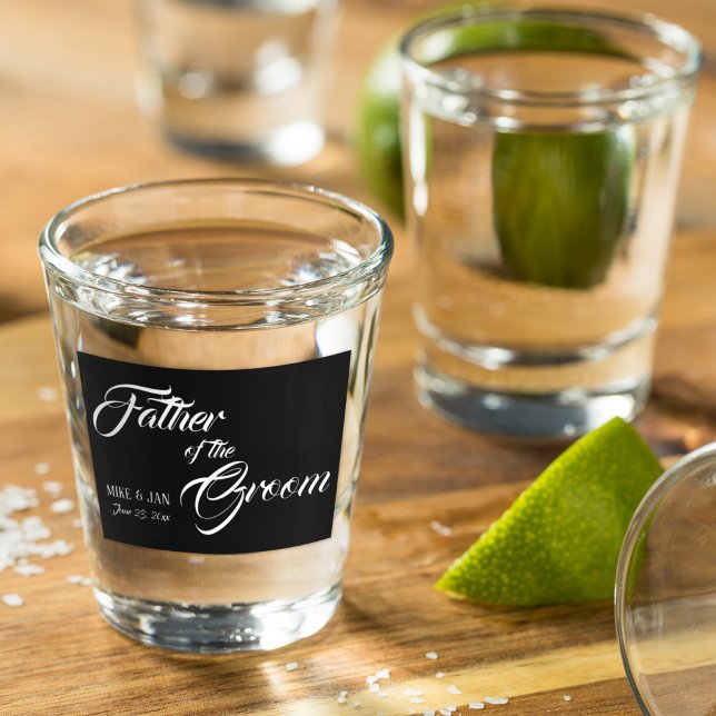 Father of the Groom White Script on Black Shot Glass (In Situ)