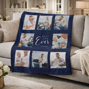 Father photo collage navy blue fleece blanket