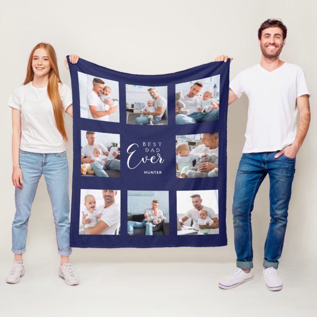 Father photo collage navy blue fleece blanket (In Situ)