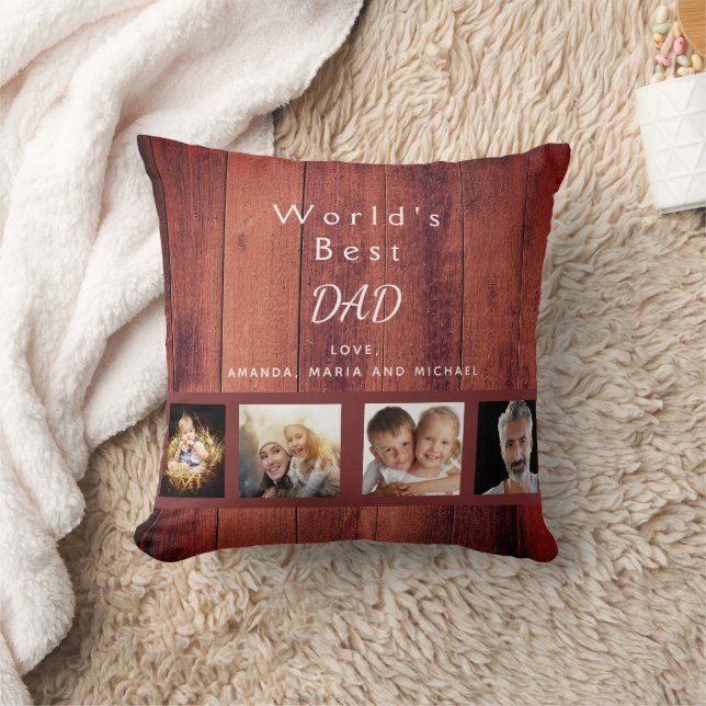 Father rustic brown wood photo collage cushion (Blanket)