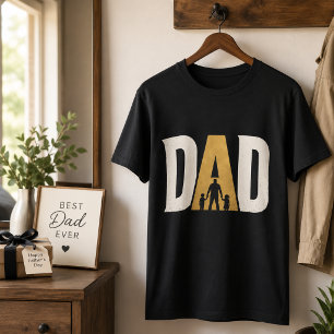 Father’s Day Dad Silhouette With Kids Black Gold T-Shirt