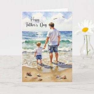 Father’s Day from Young Son Holding Hands on Ocean Card