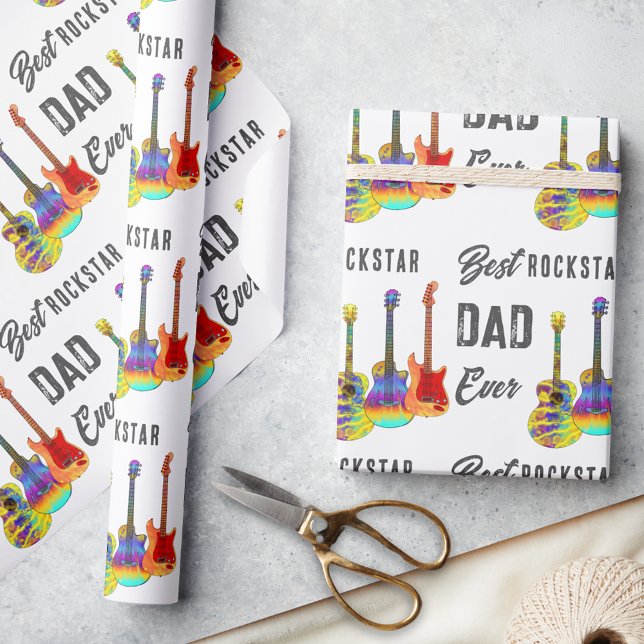Father’s Day Guitar Themed Wrapping Paper (Best rockstar dad ever wrapping paper with psychedelic funky guitar pattern perfect for Father’s Day)