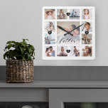 Father Script Family Memory Photo Grid Collage Square Wall Clock<br><div class="desc">A beautiful personalised gift for your Dad that he'll cherish for years to come. Features a modern thirteen photo grid collage layout to display 13 of your own special family photo memories. "Father" designed in a beautiful handwritten black script style. Each photo is framed with a simple gold-coloured frame. Simple...</div>