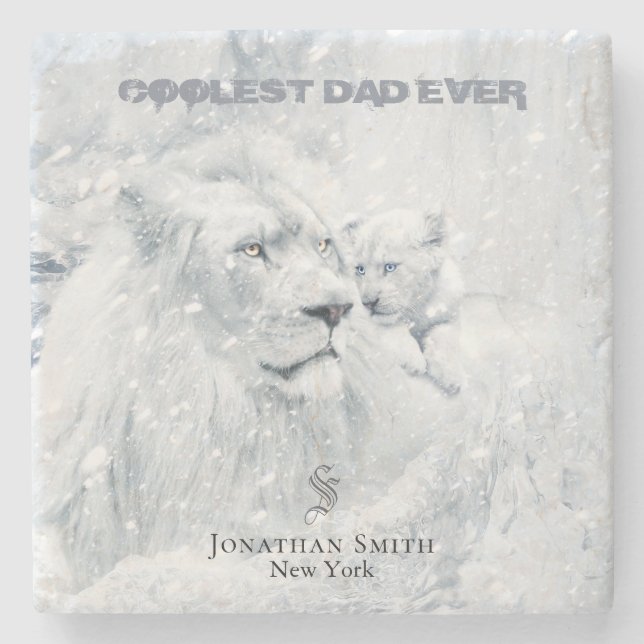Father & Son / Best Dad, White Lion & Cub on Ice - Stone Coaster (Front)