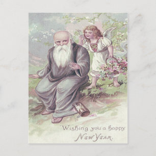 Father Time Cherub Angel Basket Hourglass Postcard