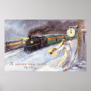 Father Time & Train Vintage New Year Poster