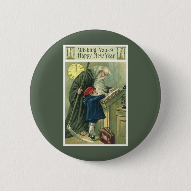 Father Time Wishing You a Happy New Year 6 Cm Round Badge (Front)