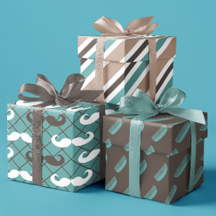 Father's Brown & Teal Moustache & Comb set of 3 Wrapping Paper Sheet