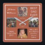 Fathers Day Best Dad Ever Terra Cotta Four Photo Square Wall Clock<br><div class="desc">Show Dad you treasure him for Father's Day with this Four Photo terra cotta and white design featuring your Dad's name, the text "Best Dad Ever", and room for a unique message below with typed signatures in script text and the occasion and year. Design by Holiday Hearts Designs (rights reserved)...</div>