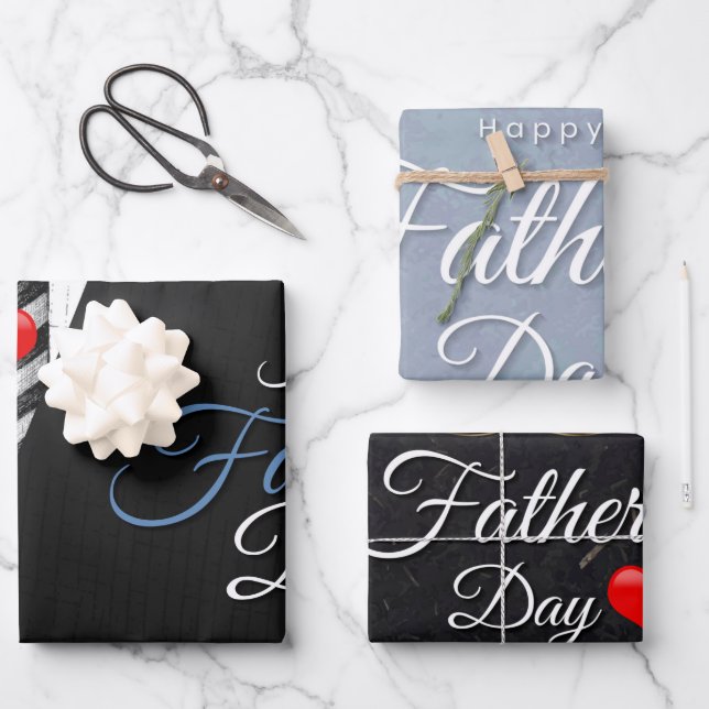 Fathers Day Black Grey Elegant Typography Heart Wrapping Paper Sheet (Front)