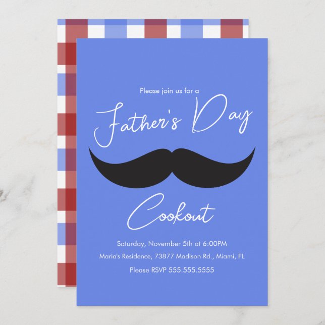 Father's Day Cookout Moustache Blue Plaid Invitation (Front/Back)