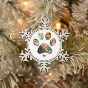Fathers Day Dog Dad 5 Paw Print Photo Collage Snowflake Pewter Christmas Ornament