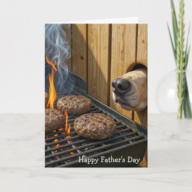 Father's Day Dog Sniffing Hamburgers On a Grill Card (Front)