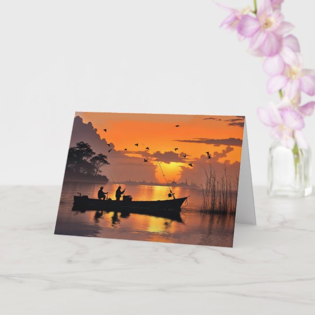 Fathers Day Fishermen and Fishing Boat Lake Card (Orchid)