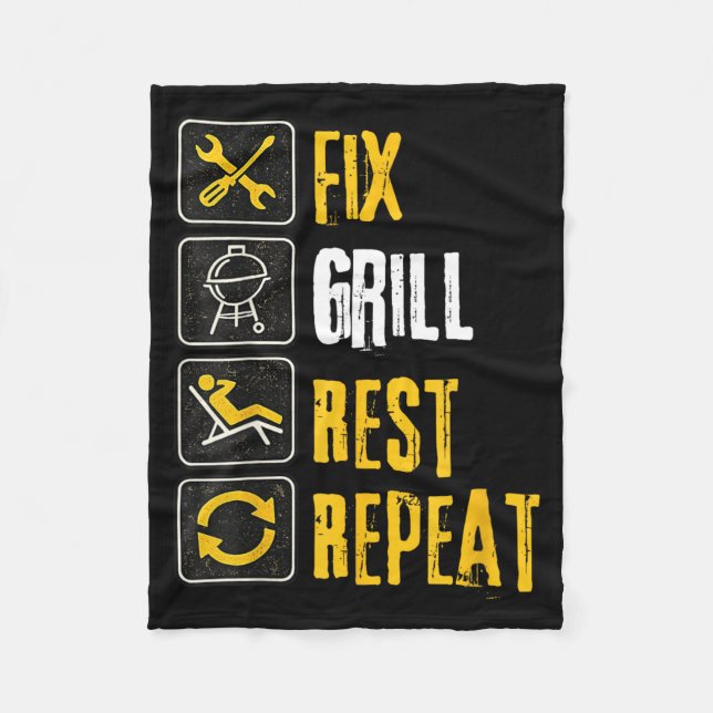 Fathers Day Fix Grill Rest Repeat Funny Dad Fleece Blanket (Front)