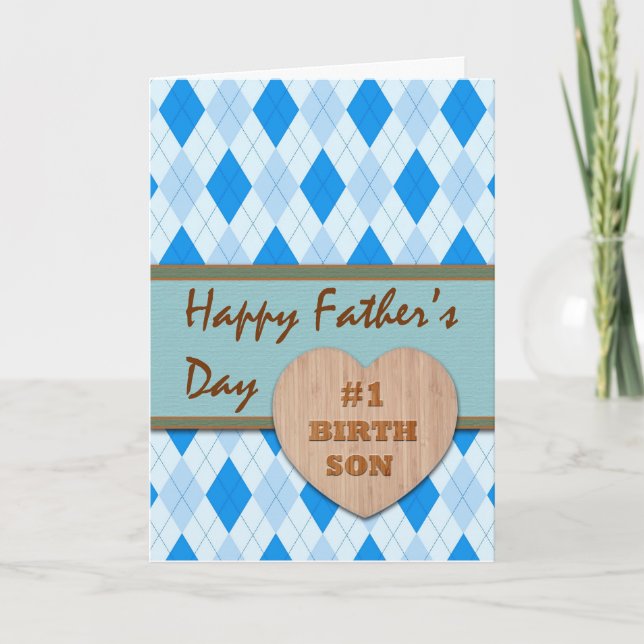 Father's Day for Birth Son, Wood Heart, Argyle Card (Front)